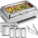 Electric Chafing Dish Buffet Server Set, Stainless Steel Full Size & Half-Size &Three-Section Food Pan with Temp Control, Roll Top Stainless Steel Food Warmers for Catering Buffet (A-01)