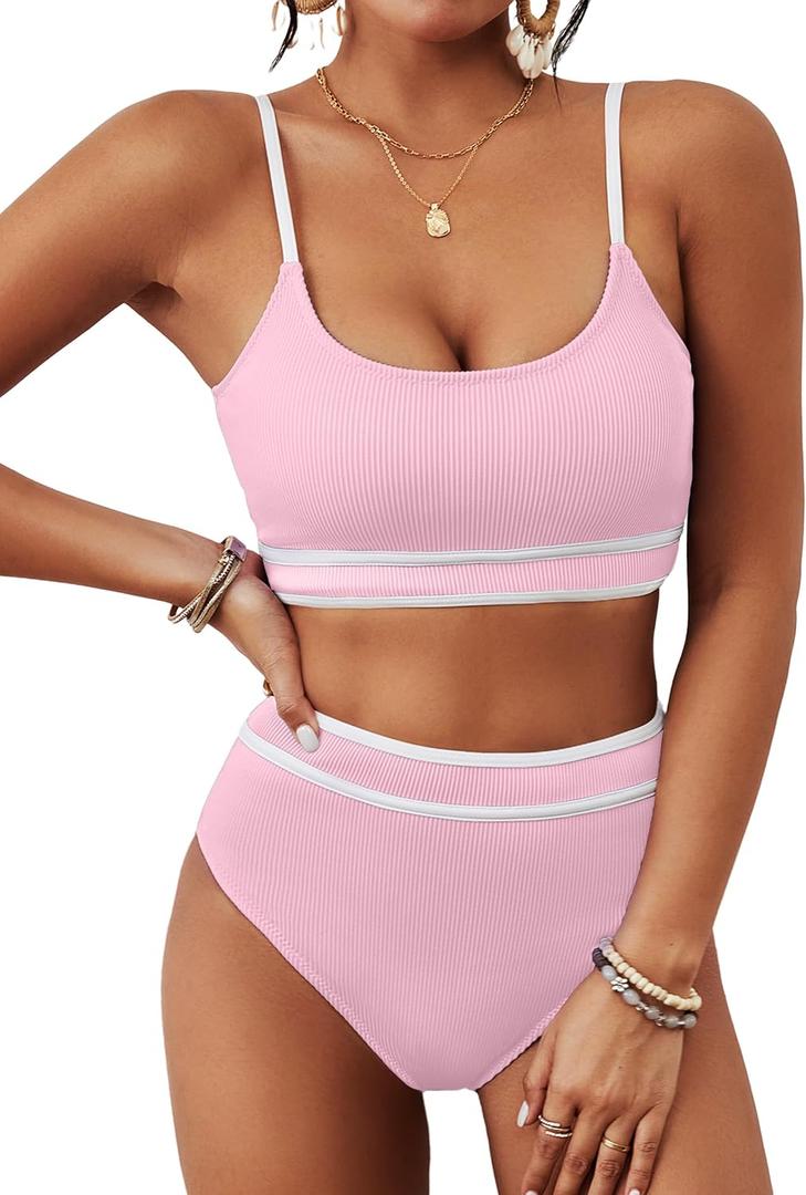 BMJL Women's High Waisted Bikini Ribbed Two Piece Swimsuit High Cut Color Block Adjustable Straps Bathing Suit (Pink, S)