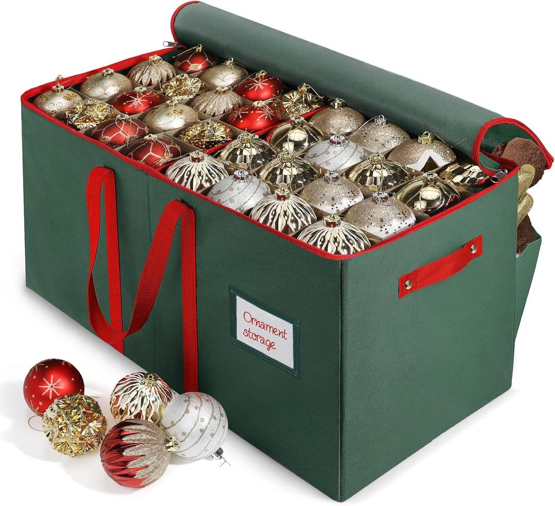 WDZREE Large Christmas Ornament Storage Box,4 Tier Holds Up to 128 Holiday Ornaments 3-Inch, Xmas Decorations Accessories Bag with Dual Zipper Closure,Made of Durable 600D Oxford Fabric (Green)