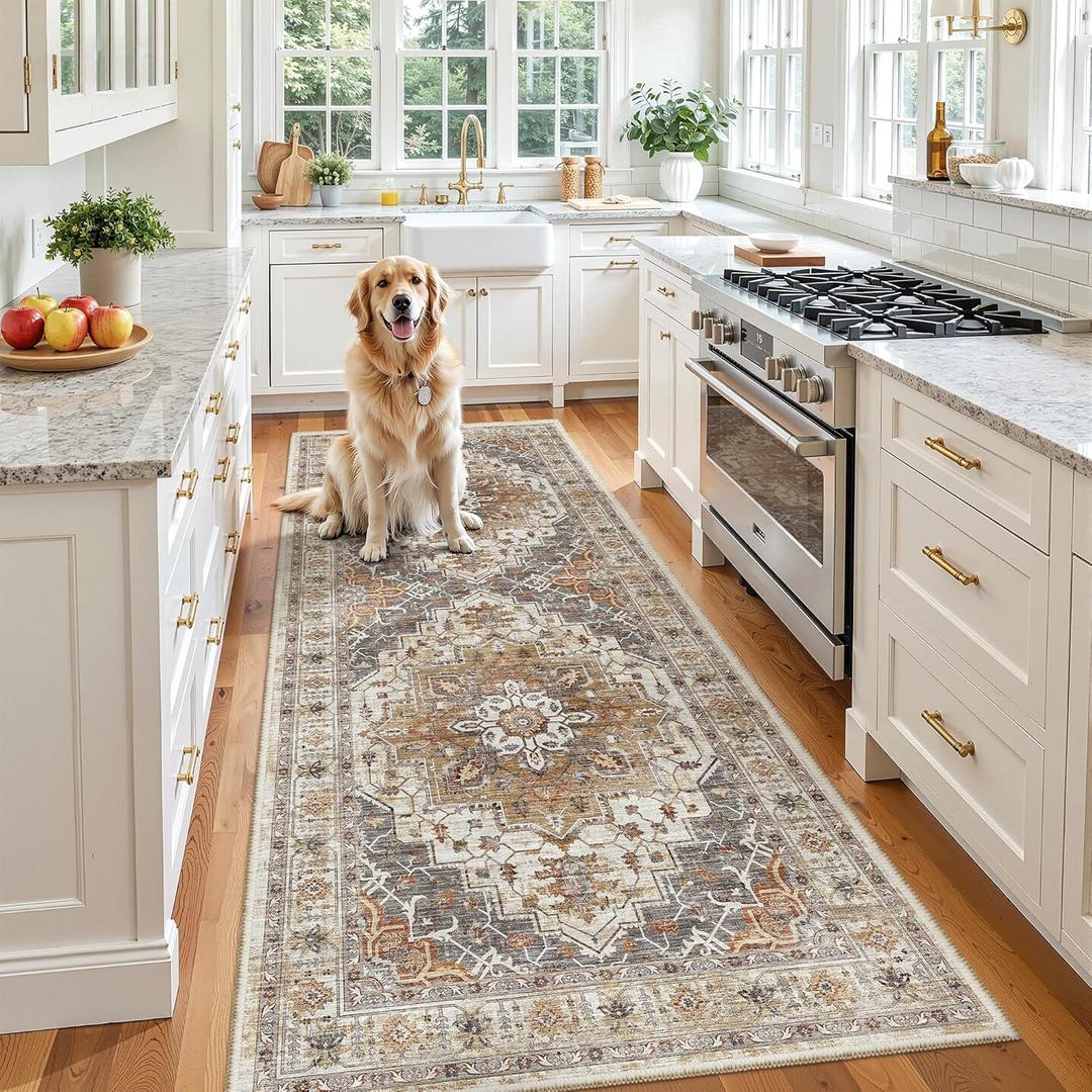 Madane Hallway Runner 3x8, Kitchen Rugs Washable Entryway Rug Vintage Kitchen Runners Non Slip Indoor Area Rug Farmhouse Carpet Runner for Bathroom Living Room Bedroom (3 X 8, Turmeric/Grey)