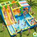 FBSPORT Inflatable Bounce House Double Water Slide,11 in 1 Inflatable Water Slide Park with 680W Blower, Splash Pool, Climbing Wall, Bouncy Castle for Indoor Outdoor Backyard, 13'3" x 6'7" x 14'7", Missing Blower