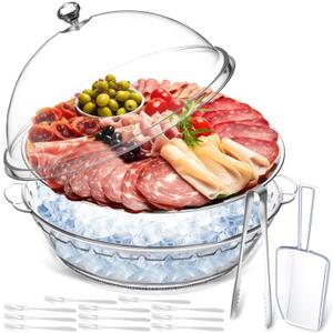 Baderke 11.8" Chilled Serving Tray for Parties with Compartments and lid Ice Chilled Party Platter Charcuterie Serving Board Cold Dish Dip for Fruit Seafood Vegetable Shrimp Cocktail(Silver,1 Pcs)