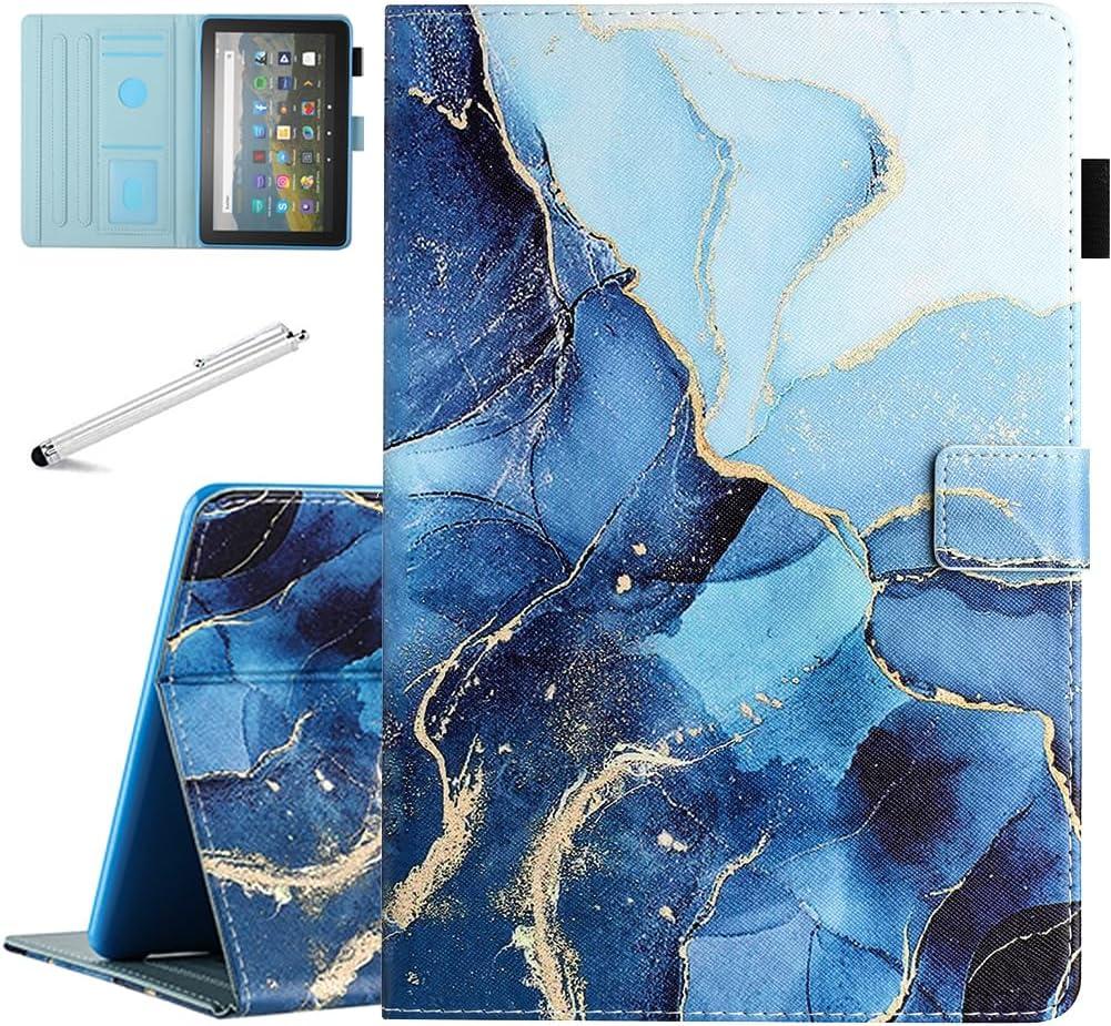 Fancity Case Fits All-New Amazon Kindle Fire HD 10 & 10 Plus (11th Generation, 2021 Release), PU Leather Stand Cover with Smart Auto Wake/Sleep & Pen Holder Card Slot, Marble Blue