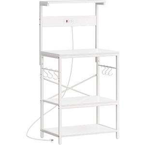 SUPERJARE Kitchen Bakers Rack with Power Outlet, Coffee Bar Table 4 Tiers, Kitchen Microwave Stand with 6 S-Shaped Hooks, Storage Shelf Rack for Spices, Pots and Pans - White (23.6 inch)