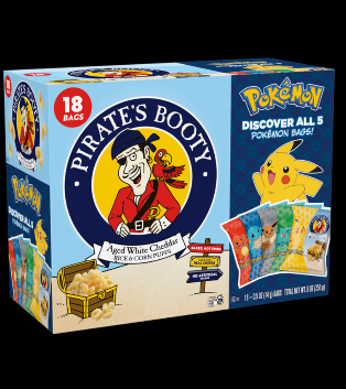PIRATE'S BOOTY Pokémon Aged White Cheddar Rice & Corn Puffs, 0.5 oz Bags (18 Count), 3 Pack, BBD: 01/26/2026