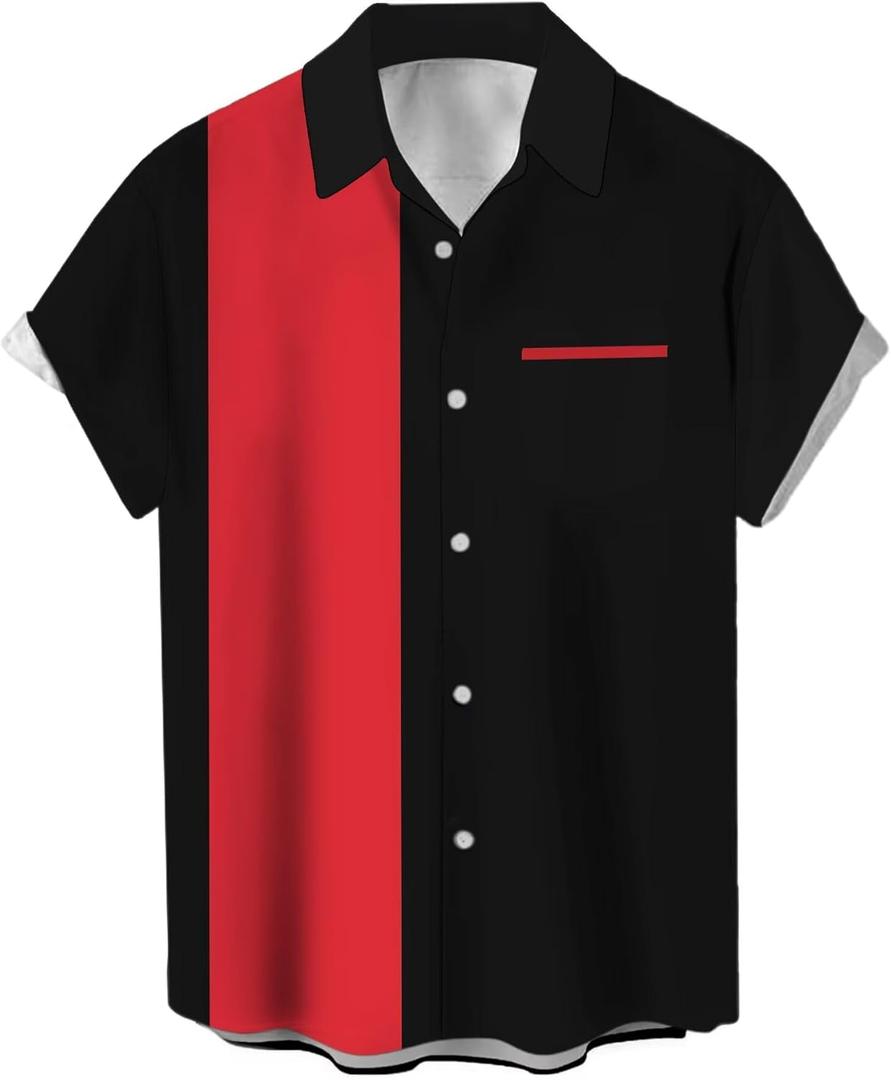 Men's Vintage Bowling Shirts 1950s Casual Short Sleeve Button Up Contrast Shirt Summer Color Block Cuban Shirts (4X-Large, Red and Black)