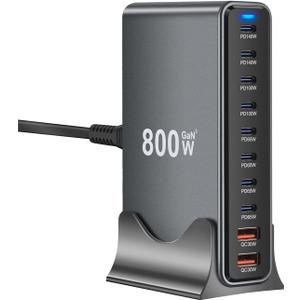 800W GaN3 10-Port USB-C Charging Station - Fast Charger for Laptops, Tablets, Smartphones, and More (Black)