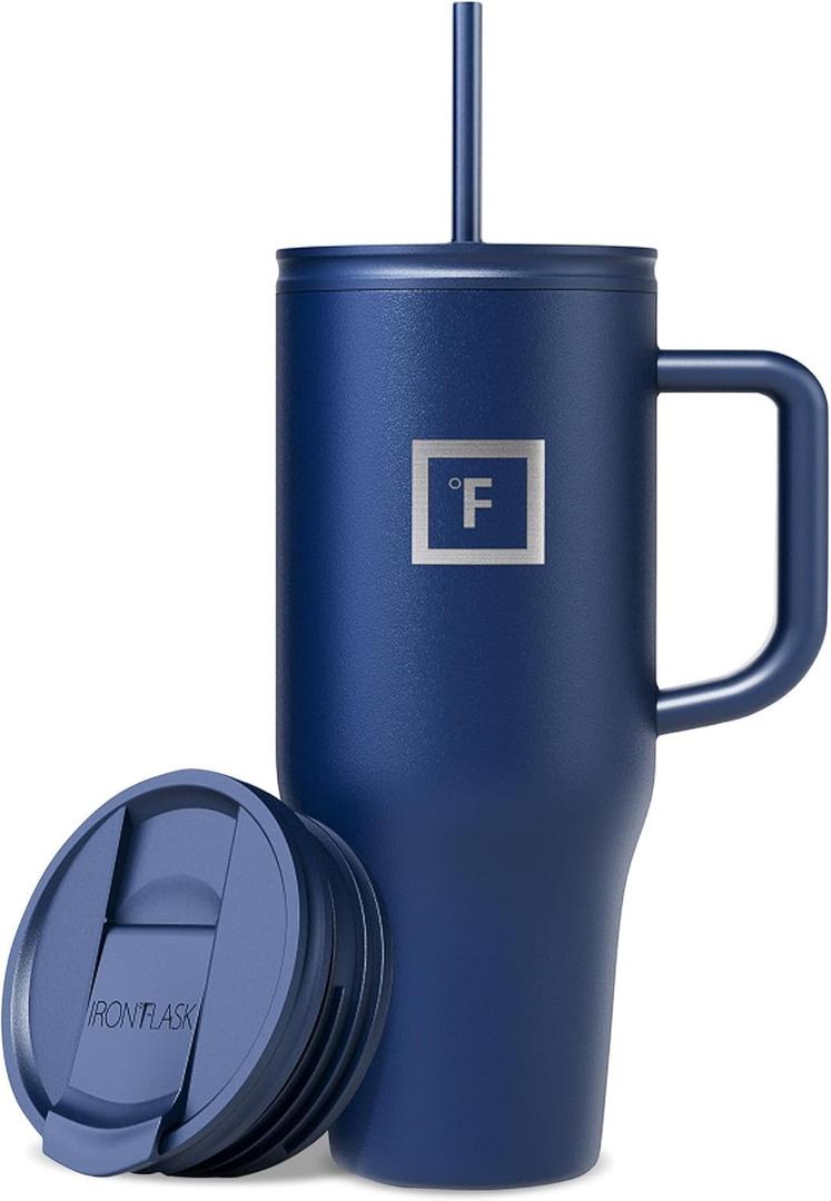 IRON FLASK Co-Pilot Insulated Mug w/Straw & Flip Cap Lids - Cup Holder Bottle for Hot, Cold Drink - Leak-Proof - Water, Coffee Portable Travel Mug - Twilight Blue, 32 Oz