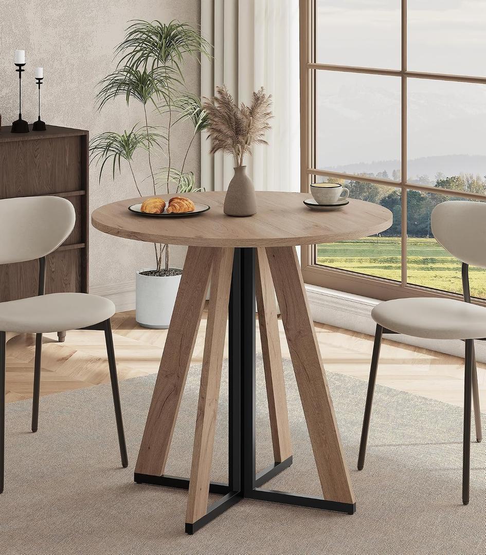 31.5 inch Round Dining Table for 2 4, Farmhouse Kitchen Table, Round Dining Room Table with Metal Legs for Small Spaces & Apartment, Space-Saving Circle Wood Dinner Table, Peachwood