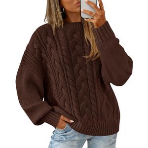 BTFBM Women's Oversized Sweaters 2025 Batwing Long Sleeve Cable Knit Crewneck Pullover Tops Fall Outfits Winter Clothing (X-Large, Brown)
