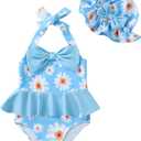 Kucnuzki Baby Girl Swimsuit Newborn One Piece Bathing Suit Bow Tie Bikini Tankini Infant Swimwear with Hat (Blue, S)