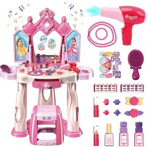 Pretend Play Girls Makeup Table Set with StoolOpen Doors by GesturesKids Vanity Set with Lights and MusicToddler Beauty Salon Set with Makeup Accessories & Hair DryerToy for Toddlers 2-5 Years Old