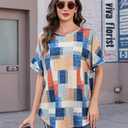 Totatuit Women's Casual Summer Tunic Tops Short Sleeve Crewneck Oversized T Shirts Graphic Print Loose Fit Blouses Covering Butt for Leggings Grid Geometric Pattern Elbow Length Sleeve (L)