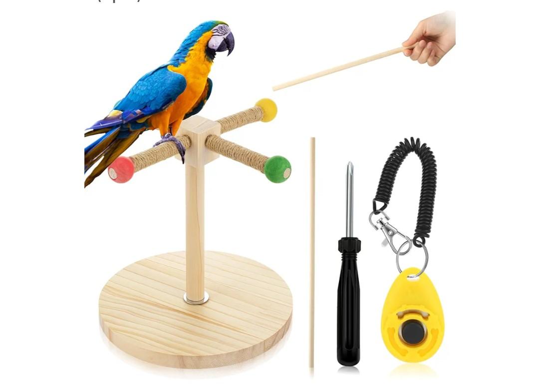 Cunno 3 Pcs Bird Training Stand Kit, Parrot Training Clicker Portable Tabletop Bird Perch and Target Stick, Wooden Spin Perch Clickers with Wrist Strap for Parakeet Conure Lovebird Cockatiel (Spin)