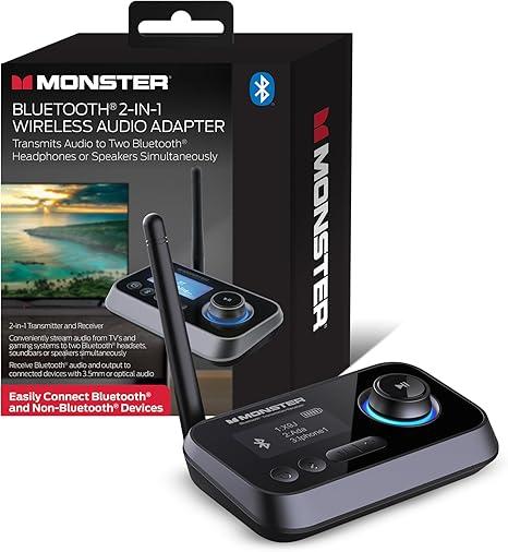 Monster Bluetooth Transmitter & Receiver, 2in1 Bluetooth Audio Adapter, Stream to/from NonBluetooth Devices, Stream TV to 2 Headphones, 33 ft Range, Analog & Digital, TV USB Powered, 3.5mm Aux Port