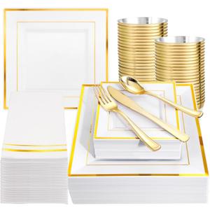 Festiva 350Pcs Gold Plastic Plates - Disposable Square Gold Plates Dinnerware set include 9.5"/6" Plates,Cups,Plastic Cutlery,Hand Napkins Perfect for 50 guests Party&Birthday&Wedding