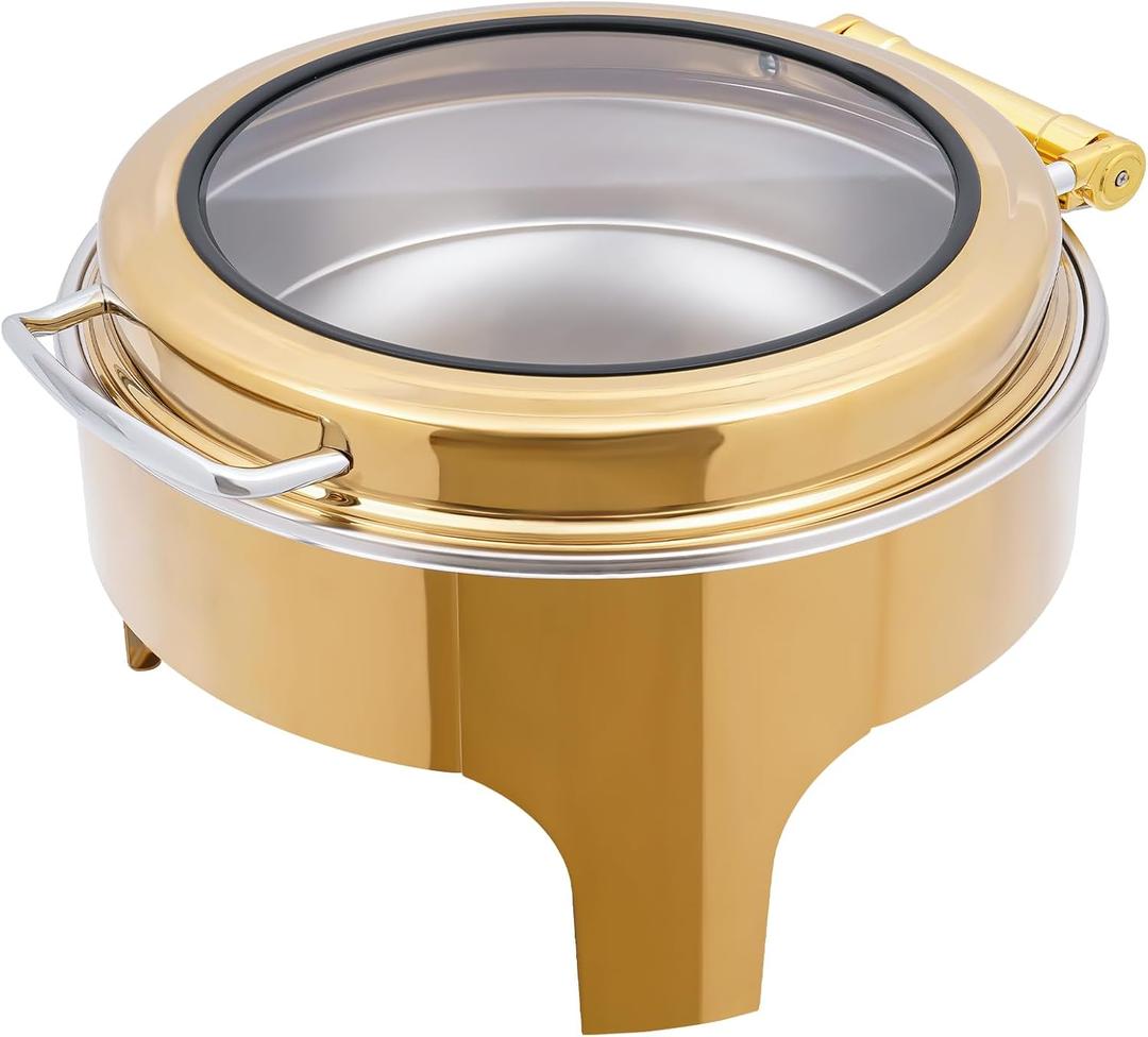 Stainless Steel Chafing Dish, Gold Round Catering Warmer Set with Glass Lid & Holder for Event Party Holiday
