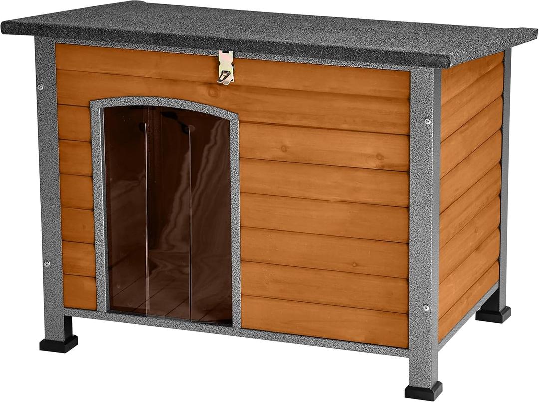 Suumerpety Indoor Outdoor Dog House, Anti-Chewing Iron Frame Dog Kennel, Wood Warm Pets Home, Weatherproof Outside Shelter for Feral Animal 33.5" (L) X 22" (W) X 25.2" (H) Brown