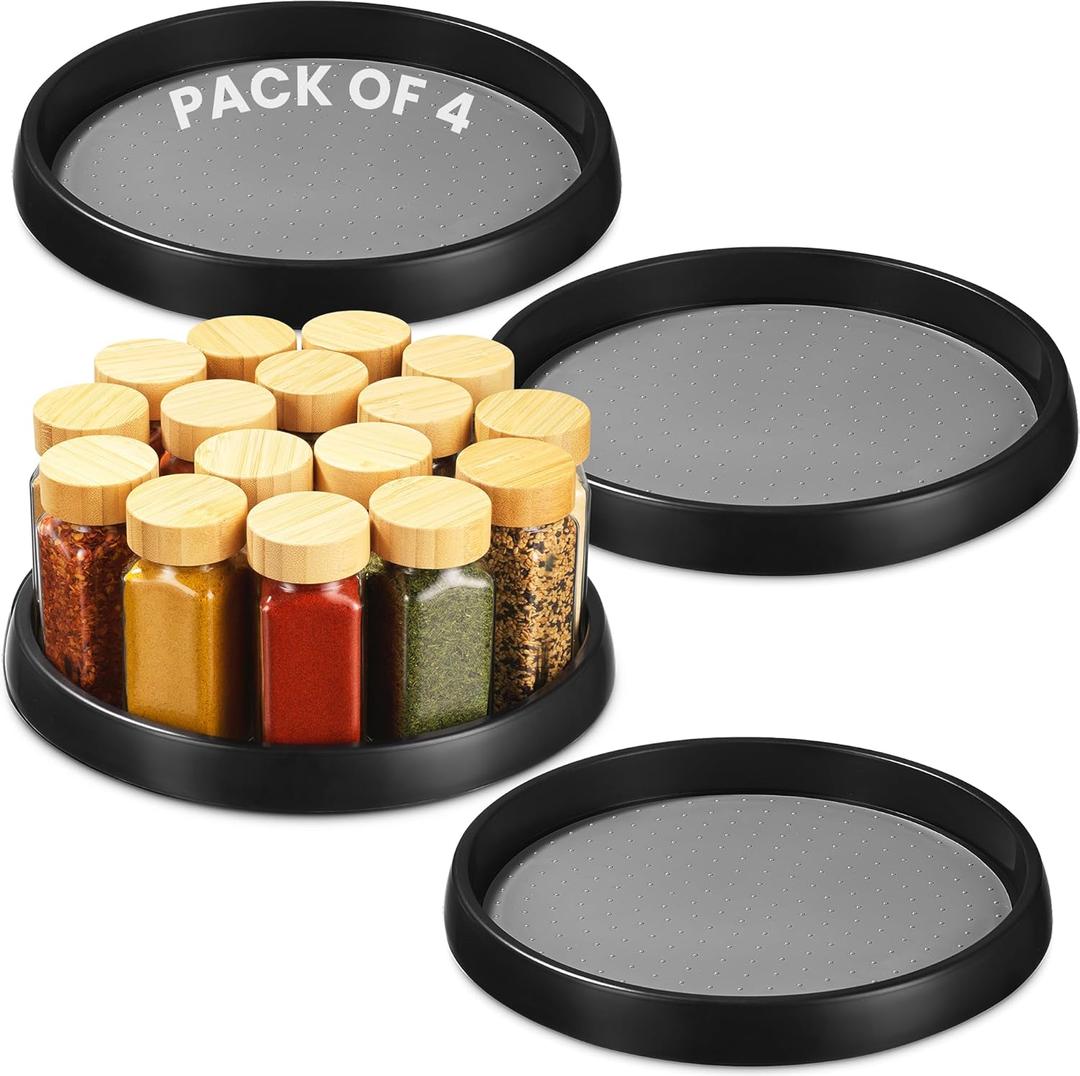 Oizeir 10 Inch Lazy Susan (Set of 4) - Non-Skid Turntable for Cabinet to Maximize Storage and Simplify Accessibility in Kitchen, Bathroom, and Pantry Spaces (Black)