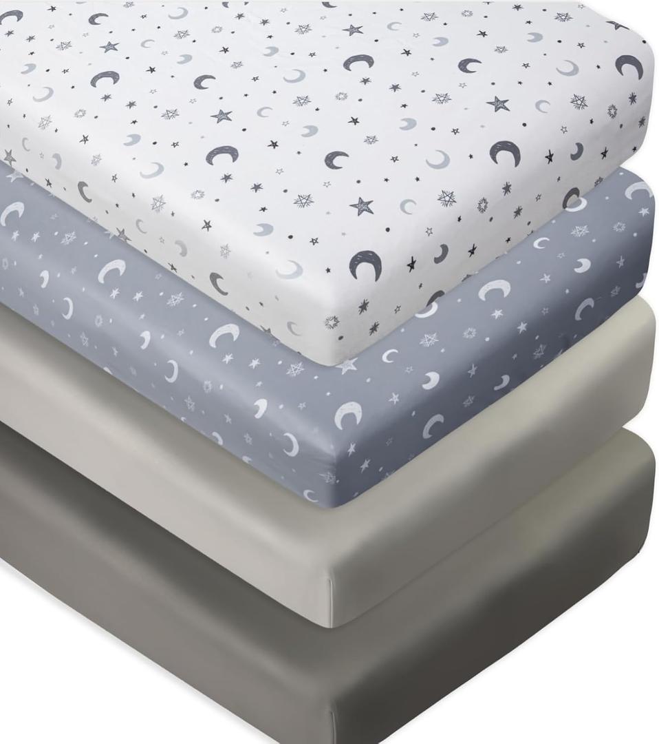 4 Pack Crib Sheets Star and Moon Neutral Unisex Baby Mattress Cover Fitted Crib Sheets Set for Baby Boys or Girls Moon