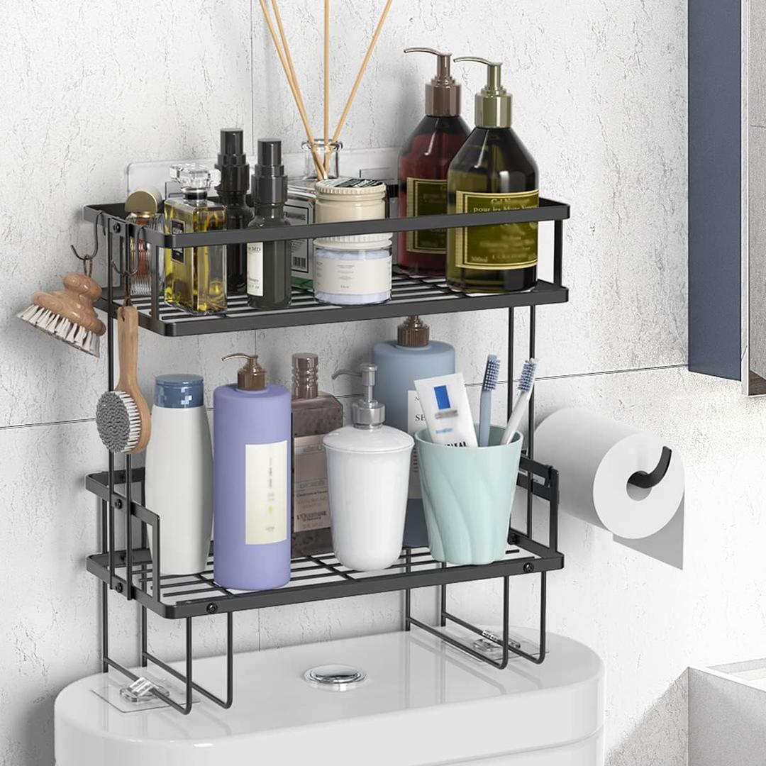 FLOLXNB Over The Toilet Storage Shelf, 2-Tier Bathroom Storage Organizer Upgrade Punch-Free Toliet Storage Shelf, Home Storage Rack with Hooks Shelf,Black