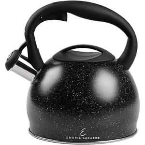 Emeril Lagasse 3.2 Quart/3 Liter Whistling Tea Kettle, Stainless Steel Whistling Tea Pot for Induction Stove Top, Fast to Boil Water for Home Kitchen Condo, with Ergonomic Cool Grip Handle, Black