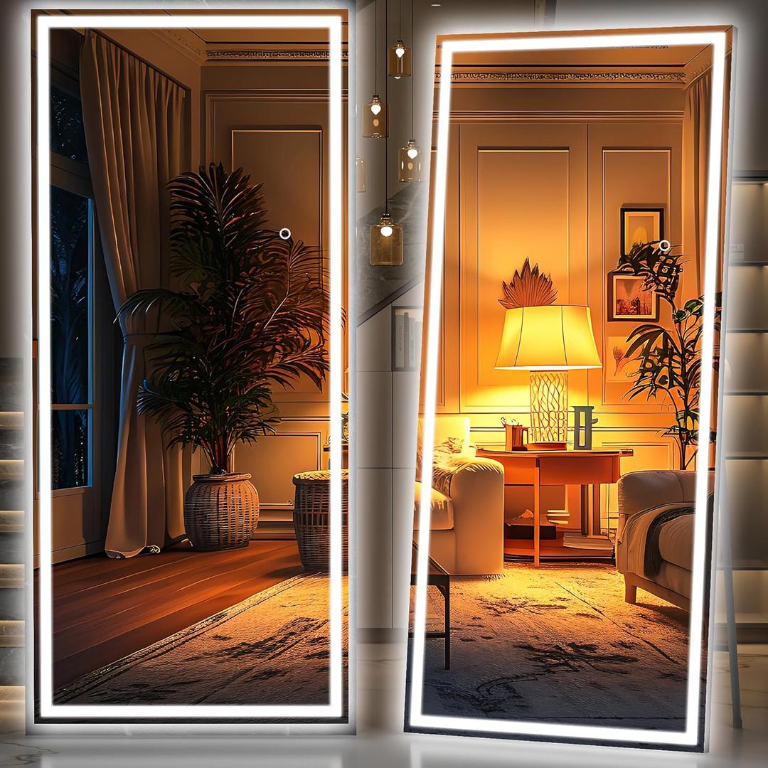 Hasipu Full Length LED Mirror with Lights, 83" x 36" Floor Standing or Hanging Mounted, Full Body Dressing Mirror, Dimmable Light, Tempered Glass, Square Black