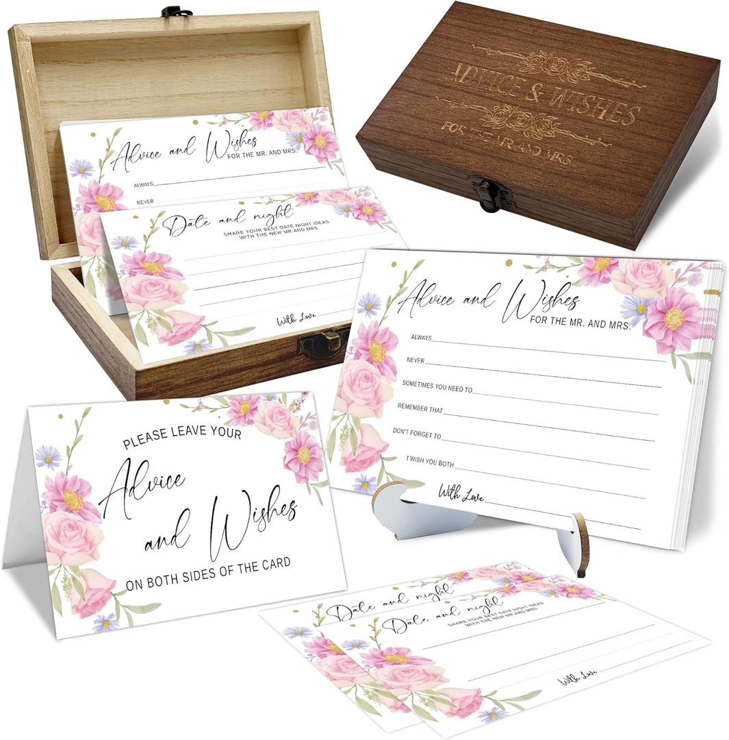 50 Pcs Advice And Wishes for The Mr And Mrs - Floral Wedding Advice Cards with Wood Box, Bride and Groom Well Wishes Box Keepsake, Bridal Shower Party Favors (pink flower-3)