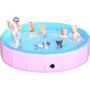 2025 Updated Foldable Dog Pool, 97" x 12" Kiddie Pool with Hard Plastic, Non-Slip Dog Bath Tub for Outdoor Backyard, Collapsible Dog Swimming Pool for Kids Dogs Pets (Pink)