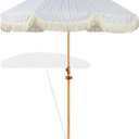 Seazul 6.5ft Patio Umbrella with Fringe, Beach Umbrella, Fringe Umbrella Outdoor Patio with Hanging Hook, Tilting Aluminum Pole, UV 50+, Fiberglass Ribs, Blue White Stripe