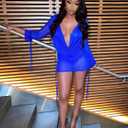 Women's Sexy Long Sleeve Two 2 Pieces Outfits Sheer Mesh Mini Dress Skirt Set Top V Neck Backless Ruched Bodycon Cover Up (Blue, XL)