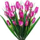 6 Pcs Tulips Artificial Flowers for Outdoors, Fake Plants Faux Plastic Silk Floral Arrangement for Home Indoor Outside Table Vase Garden Spring Decor (Purple)