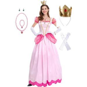 Super Borthers Costume For Women Princess Peach Costume Adult With Crown Gloves Bracelet Necklace And Earrings Large