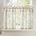 jinchan Floral Linen Tier Curtains 36 Inch Farmhouse Cafe Curtains Tie Top Botanic Drapes for Small Windows Over Sink for Kitchen Country Rustic Laundry Room Bathroom RV 2 Panels Green on Beige
