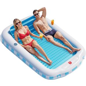 QPAU Inflatable Tanning Pool for Adults, 82"60" Extra Large Tanning Float with Footrest, Removable Pillow, Cushion Base, 2 Cup Holders, Grip Rope  Tanning Pool Float for Backyard, Beach, Pool (Blue&White)