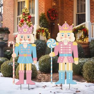 Pinkunn 2 Pcs Pastel Christmas Nutcracker Yard Stake Candy Cane Metal 3D Outdoor Christmas Decorations Xmas Nutcracker Yard Signs for Xmas Outdoor Garden Lawn Party Decor