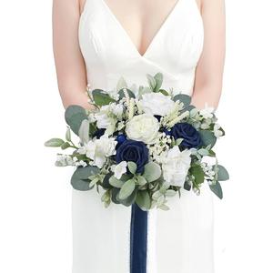 Rinlong 10.6 Inch Wedding Bouquets for Bride Navy Blue Bridal Bouquet for Wedding Artificial Flowers Silk Bouquet