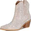 FIFSY Women Rhinestone Cowboy Boots Glitter Chunky Heel Sparkly Cowgirl Ankle Boots…,8.5 (Pink)