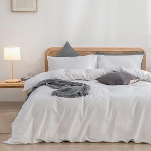 BESTOUCH Duvet Cover Set 100% Washed Cotton Linen Feel Super Soft Comfortable Chic Lightweight 3 PCs Home Bedding Set Solid Bright White Cal King (California King (104" x 98"), Bright White (No Comforter))