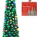 MACTING Pop Up Christmas Tree with 50 LED Lights 5FT Collapsible Tinsel Pencil Tree Easy-Assembly Coastal Glitter Artificial Tree for Porch Apartment Corner Home Party Xmas Decorations,Peacock Green