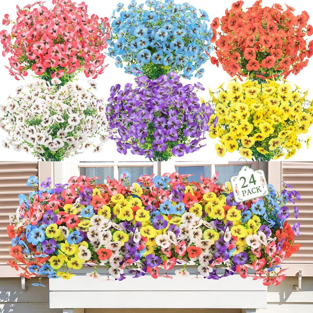 MACTING 24 Bundles Artificial Flowers for Outdoors Fake Outdoor Pansies Plants UV Resistant Plastic Flowers for Planters Window Front Door Porch Yard Patio Garden Home Spring Decorations(Mix Color)