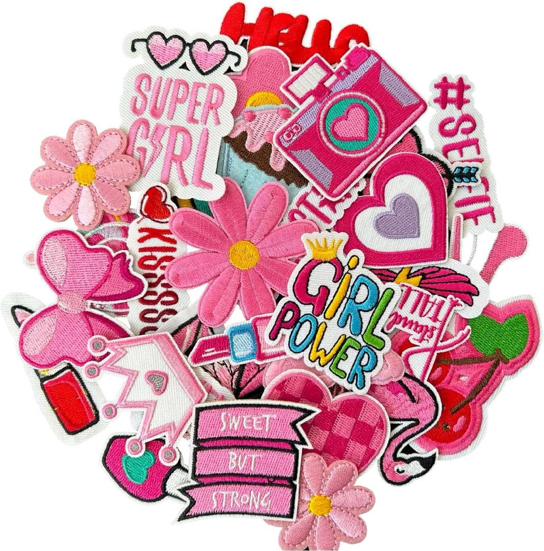 Pink Style Iron on Patches, Embroidered Vintage Girl Patches, Cute Applique Patches for Clothing, Jackets, Hats, Backpacks, Jeans (Pack of 32)