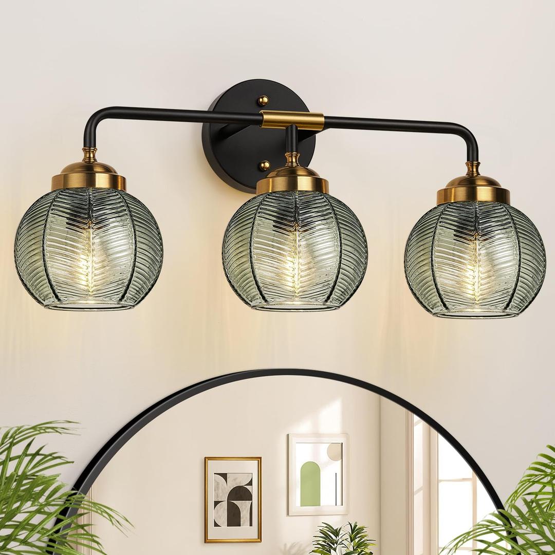 MOKATNG Bathroom Light Fixtures, 3Light Green Vanity Lights with Unique Leaf Texture Glass Shade, Modern Matte Black and Gold Bathroom Wall Lamp for Mirror Hallway Cabinet Living Room