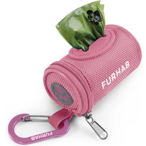 FURHAB Dog Poop Bag Holder for Leash Doggie Waste Bag Dispenser Soft Fabric Puppy Potty Carrier Small Doggy Zipper Pouch with Carabiner Clip 1680D Nylon Oxford with 1 Roll of Pet TrashBags, Pink