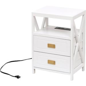 Assembled Nightstand with Charging Station, No Assembly Required End Table with USB Ports and Outlets, Fully Assembled Side Table for Bedroom for Living Room, White