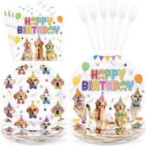 96Pcs Golden Retriever Birthday Party Decorations Puppy Dog Birthday Plates and Napkins Pet Animal Puppy Theme Disposable Paper Tableware Set for Boys Girls Pet Party Supplies Serves 24