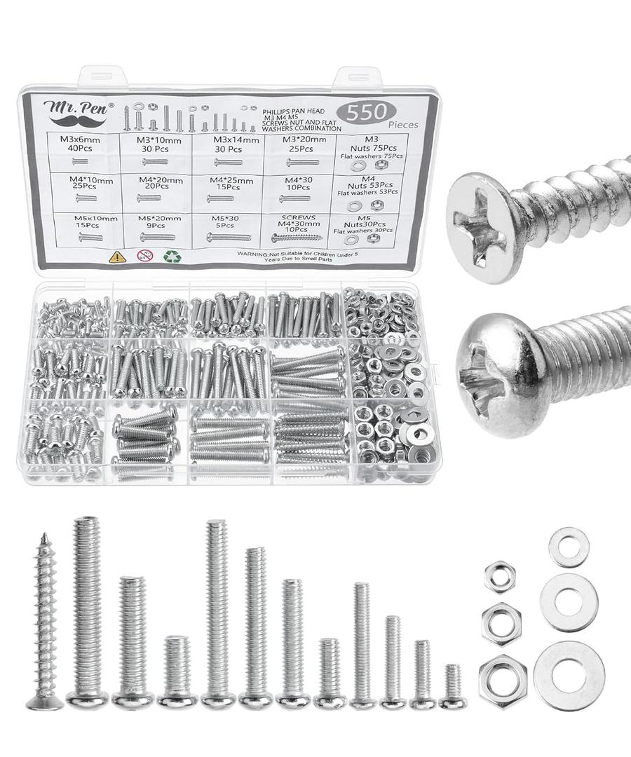 Mr. Pen- Nuts and Bolts Assortment Kit, 550 pcs, Carbon Steel M3 M4 M5 Phillips Pan Head Assorted Nuts and Bolts, Machine Screw Assortment Kit with Clear Storage Box (Silver)