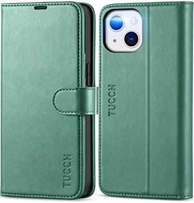TUCCH Case for iPhone 13 6.1-inch 5G, Wallet Case with [RFID Blocking] [Card Slot] Kickstand [Shockproof TPU Interior Case], PU Leather Magnetic Flip Cover Compatible with iPhone 13 2021, Myrtle Green