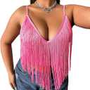 WDIRARA Women's Plus Size V Neck Fringe Trim Spaghetti Strap Club Crop Cami Top (4X-Large Plus, Pink)