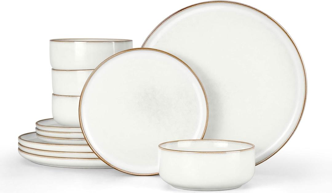 Herogo Plates and Bowls Sets for 4, 12 Pieces Stoneware Dinnerware Sets, Double Reactive Glaze, Microwave & Dishwasher Safe, Scratch Resistant, Ivory White